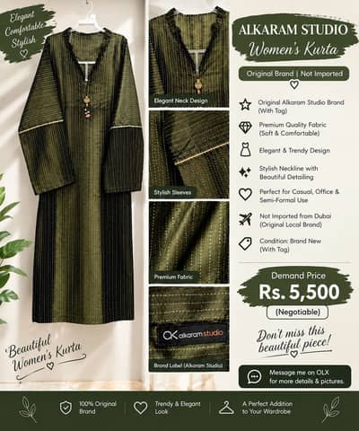Alkaram Studio Original Olive Green Kurta | New With Tags