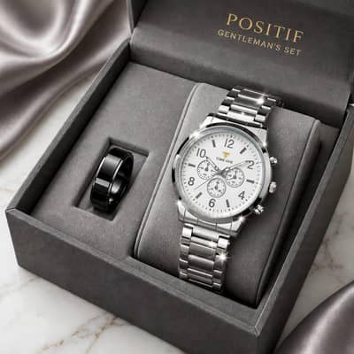Men's Luxury silver stainless steel watch with white dial