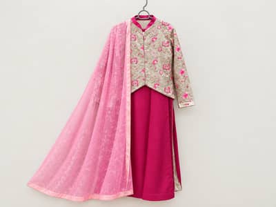 Women's 4-Piece Embroidered Formal Suit – Pink & Beige
