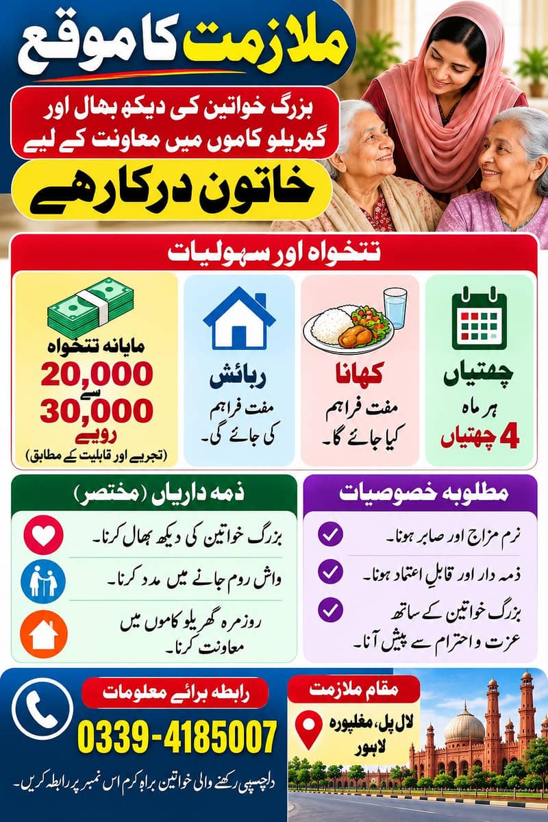 بزرگ خواتین کی دیکھ بھال کے لیے خاتون درکار ہے 0