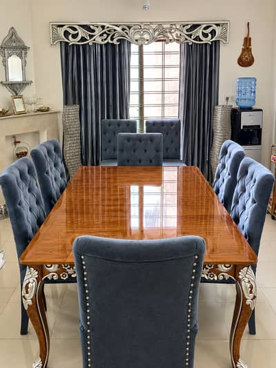 Luxury Wooden Dining Table Set with 8 Upholstered Chairs For Sale