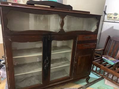 Old Wooden Crockery Showcase with Glass Doors & Drawers