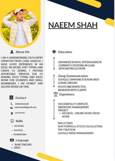 fast typing & Data Entry, Expert Excel, CV resume in karachi lyari
