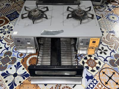 Japanese Double Burner Gas Stove with Built-in Grill & Digital Timer