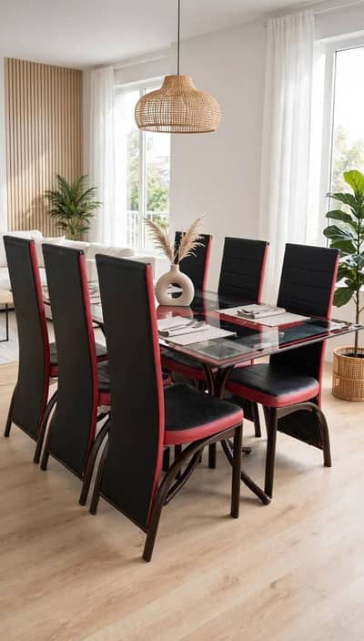 6 seater dining table-Glass top - Red and black - Excellent condition