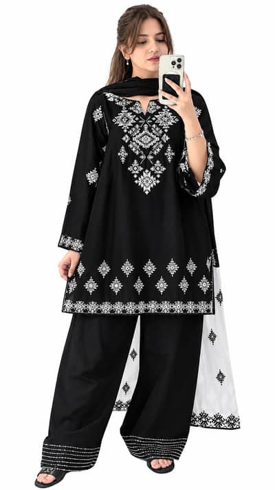 Women Black Bareeze cotton Embroidered 3 Pc Suit With Organza Dupatta