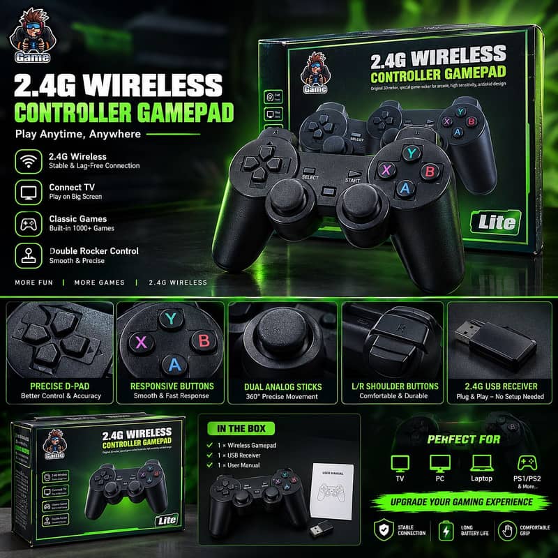 2.4G Wireless Gaming Controller – Black | Box Packed 0