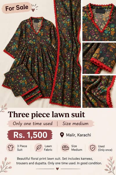 3 Piece Lawn Suit for Sale – Medium Size – Only Once Used