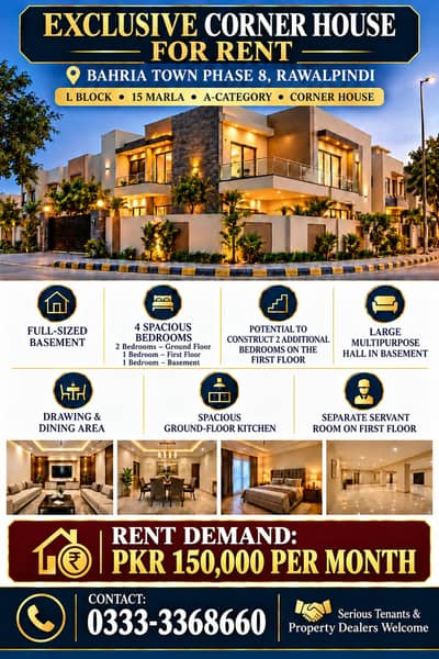  EXCLUSIVE HOUSE FOR RENT– BAHRIA TOWN PHASE 8 