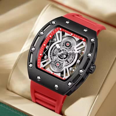 Tonneau-shaped skeleton sports watch