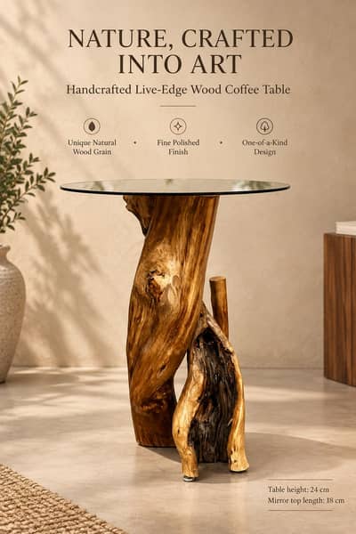 Handcrafted Live-Edge Wood & Glass Coffee Table