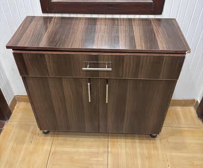 console with draw & cabinets plus framed wall mounted mirror