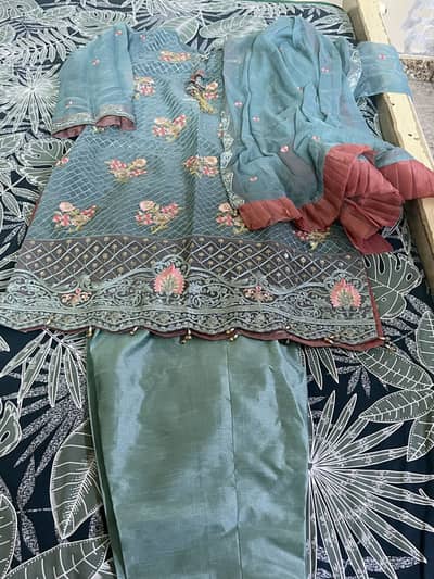 Embroidered organza shirt with raw silk trouser and shaffon dupatta