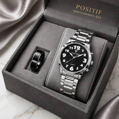 Men's Luxury silver stainless steel watch with black dial