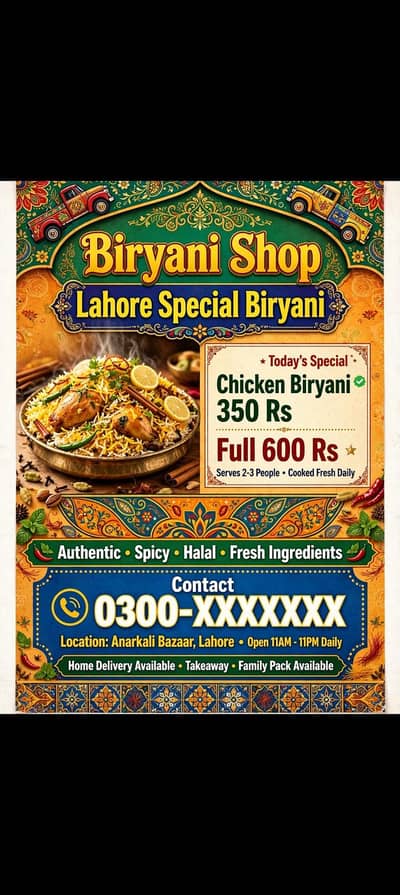 Lahore Shop Poster Design - Biryani, Mobile, Kapray - 300 Rs