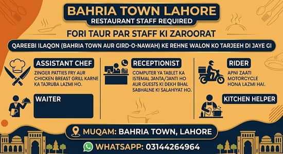 STAFF REQUIRED BAHRIA TOWN LAHORE