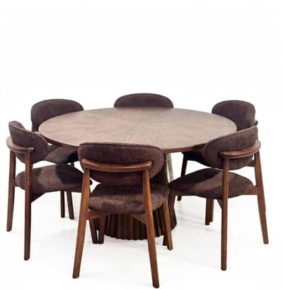 Modern Round Dining Table 6 Chairs - Walnut - Brand New