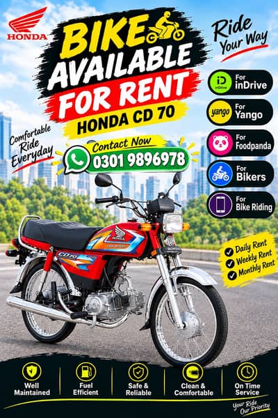Honda Bike Available For Indrive Yango Foodpanda Diliveries
