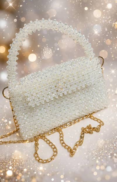 clear crystal beads party bag with gold chain_Handmade_White shine
