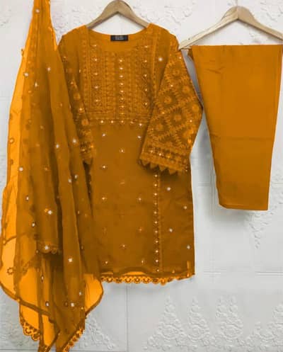 Stylish Mustard Yellow Embroidered 3-Piece Organza Suit for Women