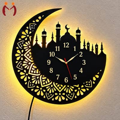 Islamic Wooden Wall Clock with Crescent Moon & Mosque Design