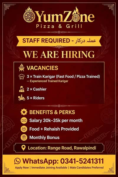 Fast Food Restaurant k leyae Staf Required ha(0341 5241311 Whatsapp