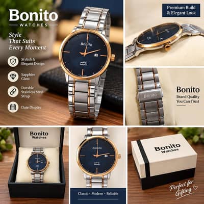 Bonito Premium Men's Watch – Black Dial, Silver & Rose Gold Strap