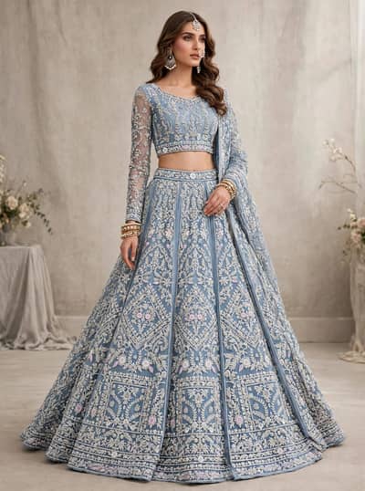 Designer Powder Blue Bridal Lehenga_ 12 Kali Full Heavy- Jatoi