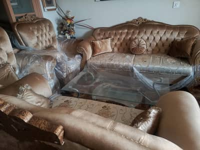 7 Seater Luxury Sofa Set – Brown & Golden | Elegant Design