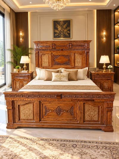 Luxury Royal Sheesham Wood King Size Double Bed Set with 2 Side