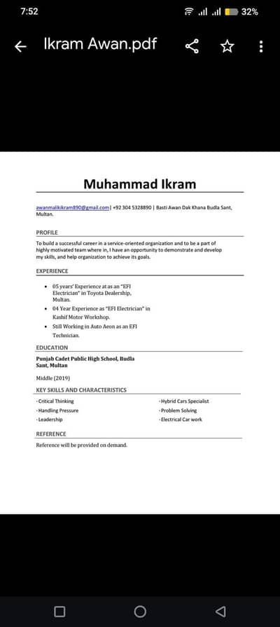 EFI ATU electrician hybrid expert 8 Year of experience