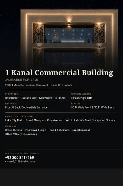 1 Kanal Commercial Building available for Sale
