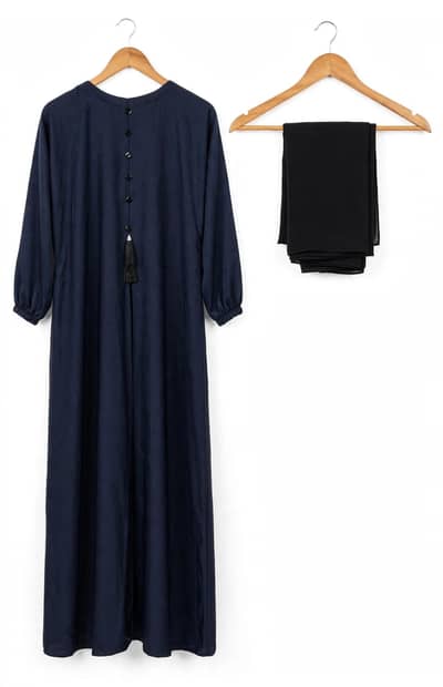 Navy Blue Long Maxi / Abaya with Black Dupatta -
