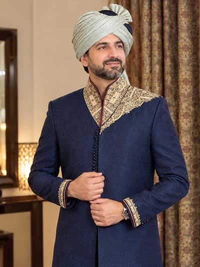 Premium Groom Sherwani with Qula & Khusa  Navy Blue & Gold Embroidered