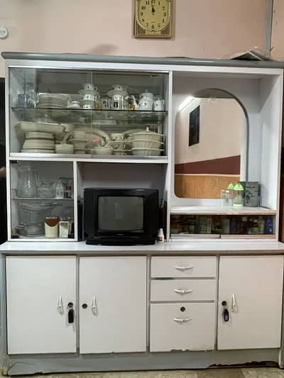 Used Wooden Storage Cabinet with Mirror, Drawers & Compartments