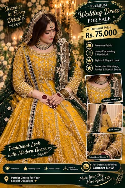 Golden, Wedding Dress for Sale - Beautiful Mustard Heavy Mehndi Lengha