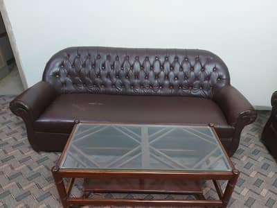 dark brown leather sofa set with table and 2 side tables set