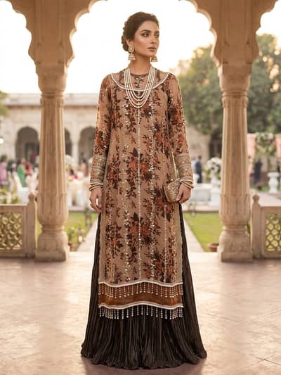 Elegant Floral Organza Shirt & Dark Brown Crushed Lehenga Set (Ready