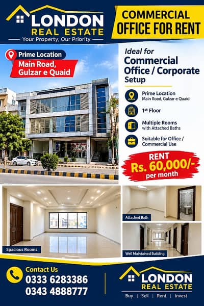 1st Floor Commercial Office for Rent  Prime Location Main Road, Gulzar-e-Quaid