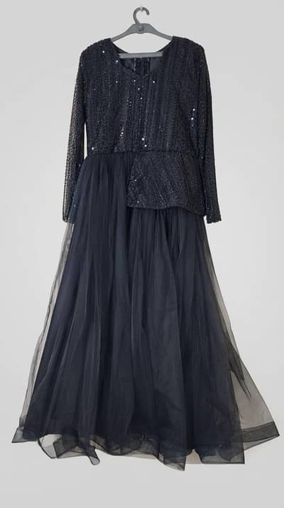 Elegant Black Heavy Sequin & Net Long Maxi Dress for Functions