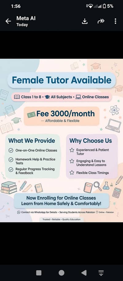 female tutor for class 1 to 8.