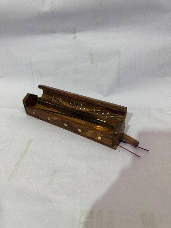 Handcrafted Brass Dotted Wooden Incense Holder - Elegant Design for Home Fragrance - Wooden Agarbatti Box.