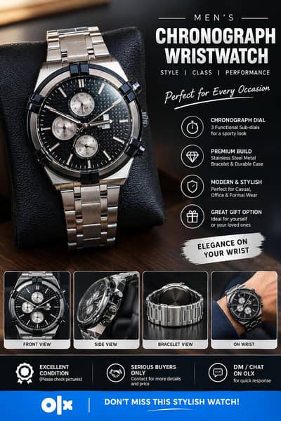men's stylish black silver chronograph wrise watch with metal strape