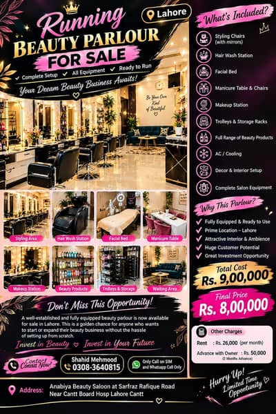 Running Beauty Parlour for Sale in Lahore – Complete Setup