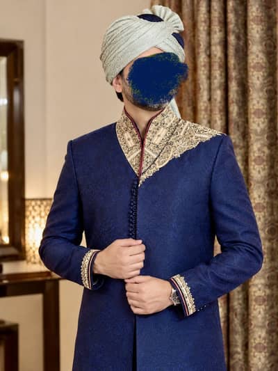 Premium Groom Sherwani with Qula & Khusa  Navy Blue & Gold Embroidered