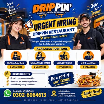 Cashier / Order Takers / Shift Manager / Riders / Male & female Jobs
