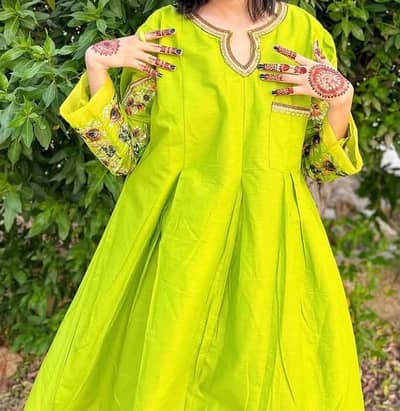 parrot Green Embroidered Frock with Ehalwar-2 piece