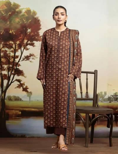 3 Pcs Women Unstitched Printed Suit Brown - New Lawn Collection