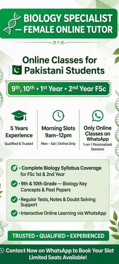 Female Biology Tutor - 9th 10th FSc - Online WhatsApp - Multan
