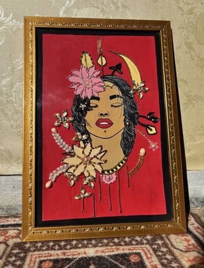 Handmade 3D Mixed Media Portrait Painting with Beadwork & Gold Frame